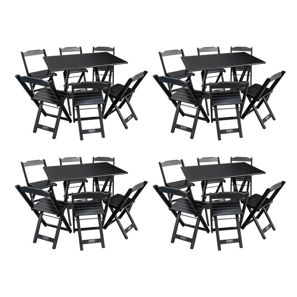 Kit 4 Conjuntos De Mesa Dobráveis De Madeira 70x110cm Com 6 Cadeiras Preta - Cor: Preto