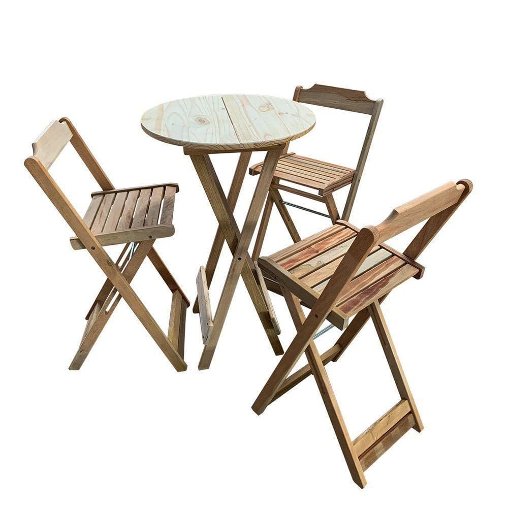 Kit Mesa Bistrô De Madeira Dobrável Com 3 Banquetas - Crua