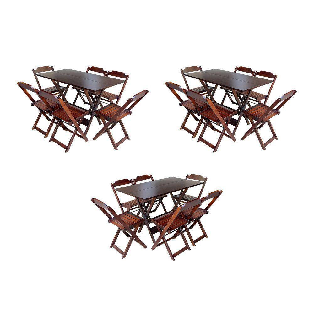 Kit 3 Jogos De Mesa Dobravel Com 6 Cadeiras De Madeira 120X70 Para Restaurante E Bar - Imbuia