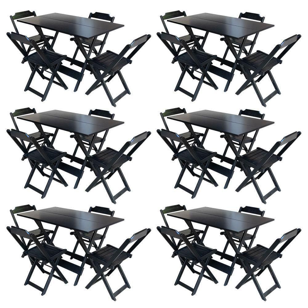 Kit 6 Conjuntos De Mesa Com 4 Cadeiras De Madeira Dobravel 120X70 Preto - Preto