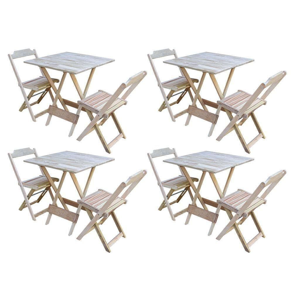 Kit 4 Jogos De Mesa Dobravel Com 2 Cadeiras De Madeira 70X70 - Sem Pintura - Marrom