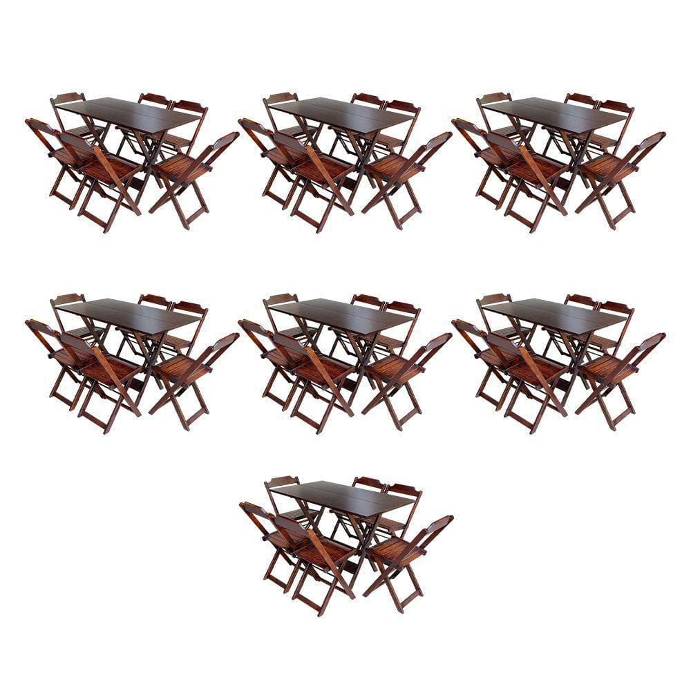 Kit 7 Jogos De Mesa Dobravel Com 6 Cadeiras De Madeira 120X70 Para Restaurante E Bar - Imbuia