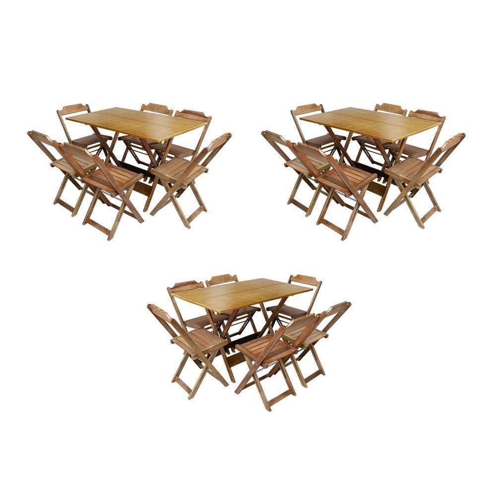 Kit 3 Jogos De Mesa Dobravel Com 6 Cadeiras De Madeira 120X70 Para Restaurante E Bar - Mel