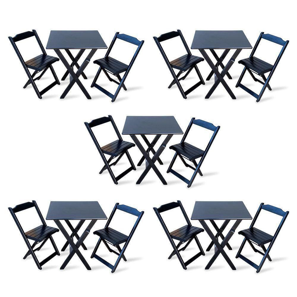 Kit De 5 Conjuntos De Mesa Dobrável 70x70 Com 2 Cadeiras Preto - Cor: Preto