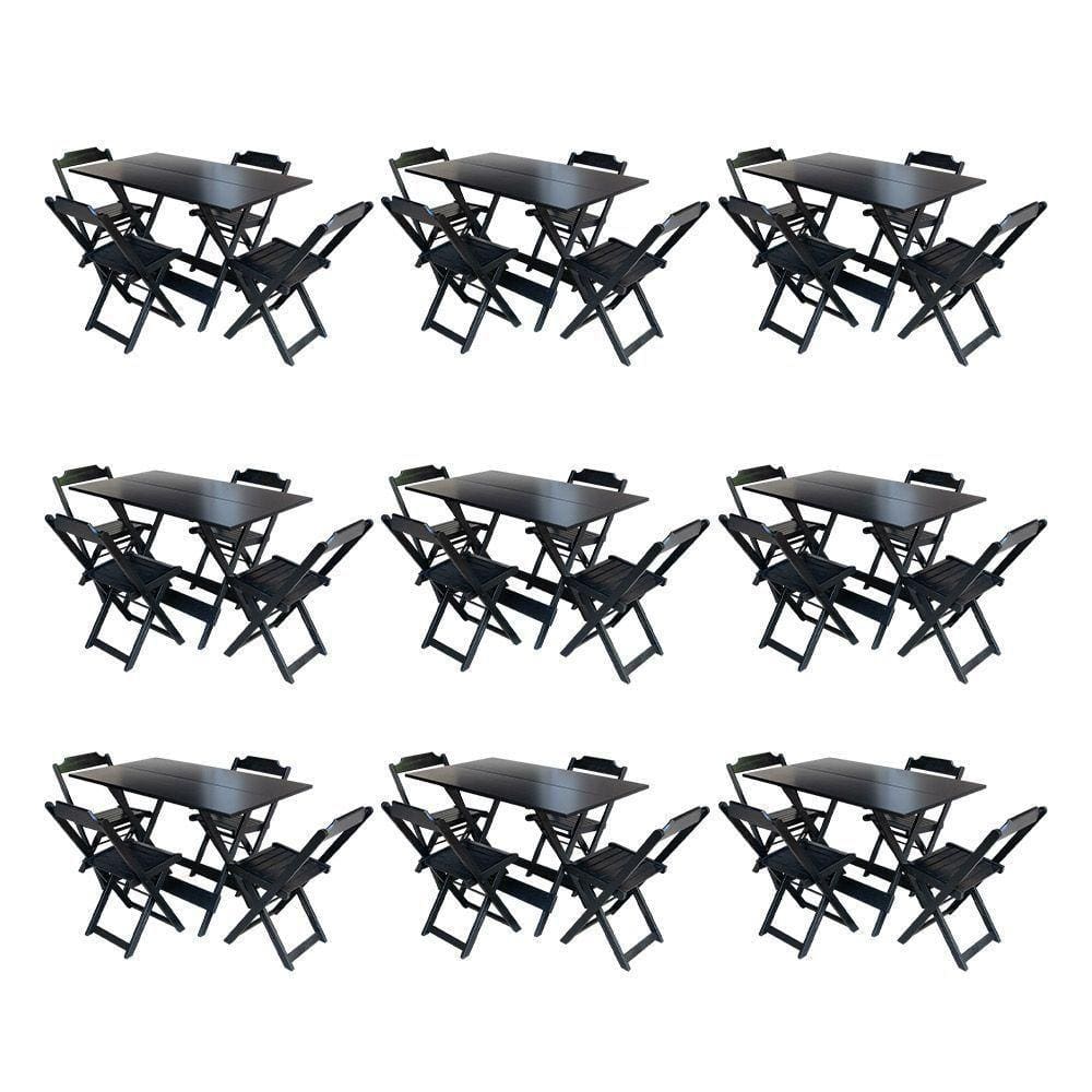 Kit 9 Jogos De Mesa Dobravel Com 4 Cadeiras De Madeira 120X70 Para Restaurante E Bar - Preto