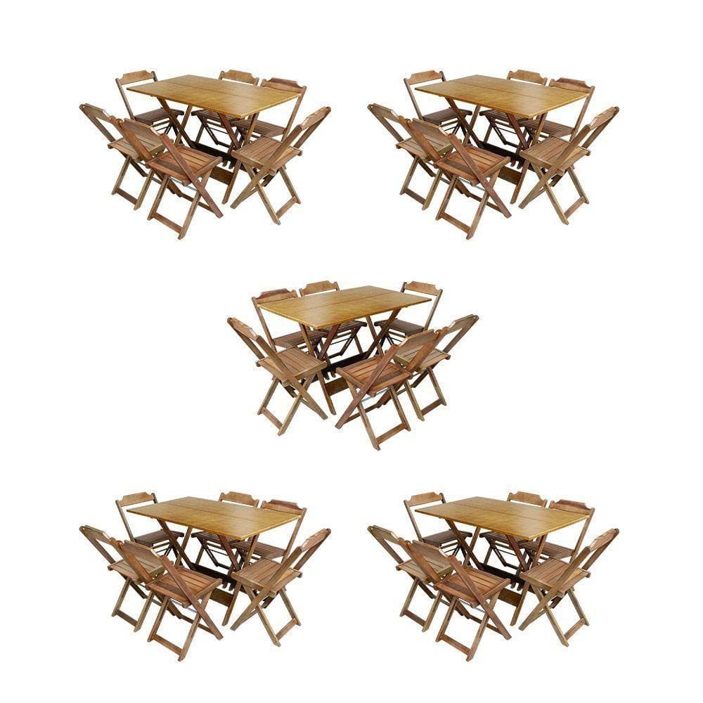Kit 5 Jogos De Mesa Dobravel Com 6 Cadeiras De Madeira 120X70 Para Restaurante E Bar - Mel