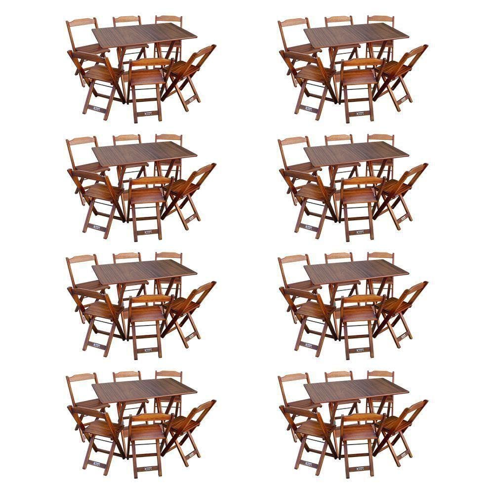 Kit 8 Conjuntos De Mesa Dobráveis De Madeira 70x110cm Com 6 Cadeiras Imbuia Marrom