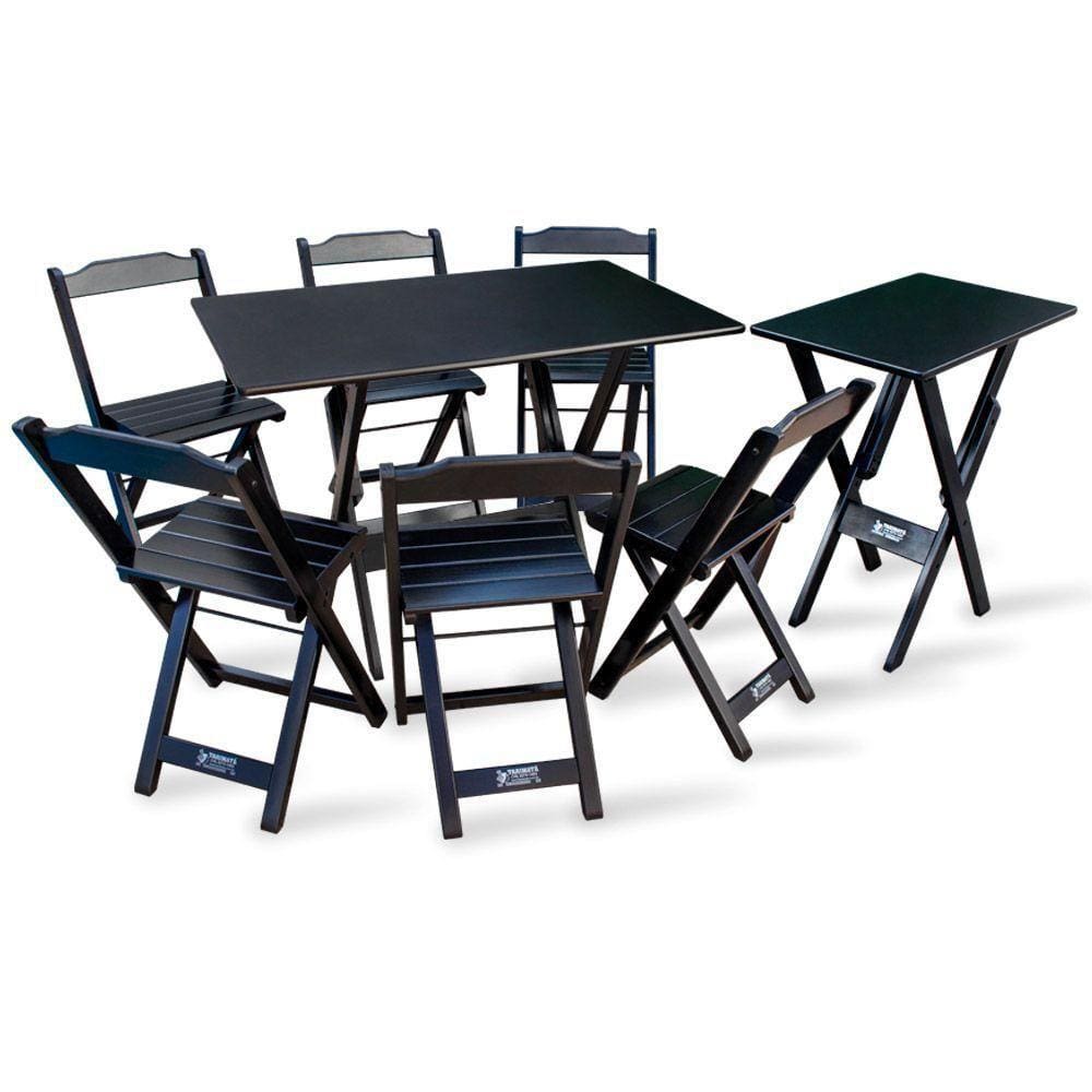 Conjunto De Mesa 1,10x70 E Mesa Aparador Dobrável Com 6 Cadeiras Tarimatã Para Area Gourmet - Preto