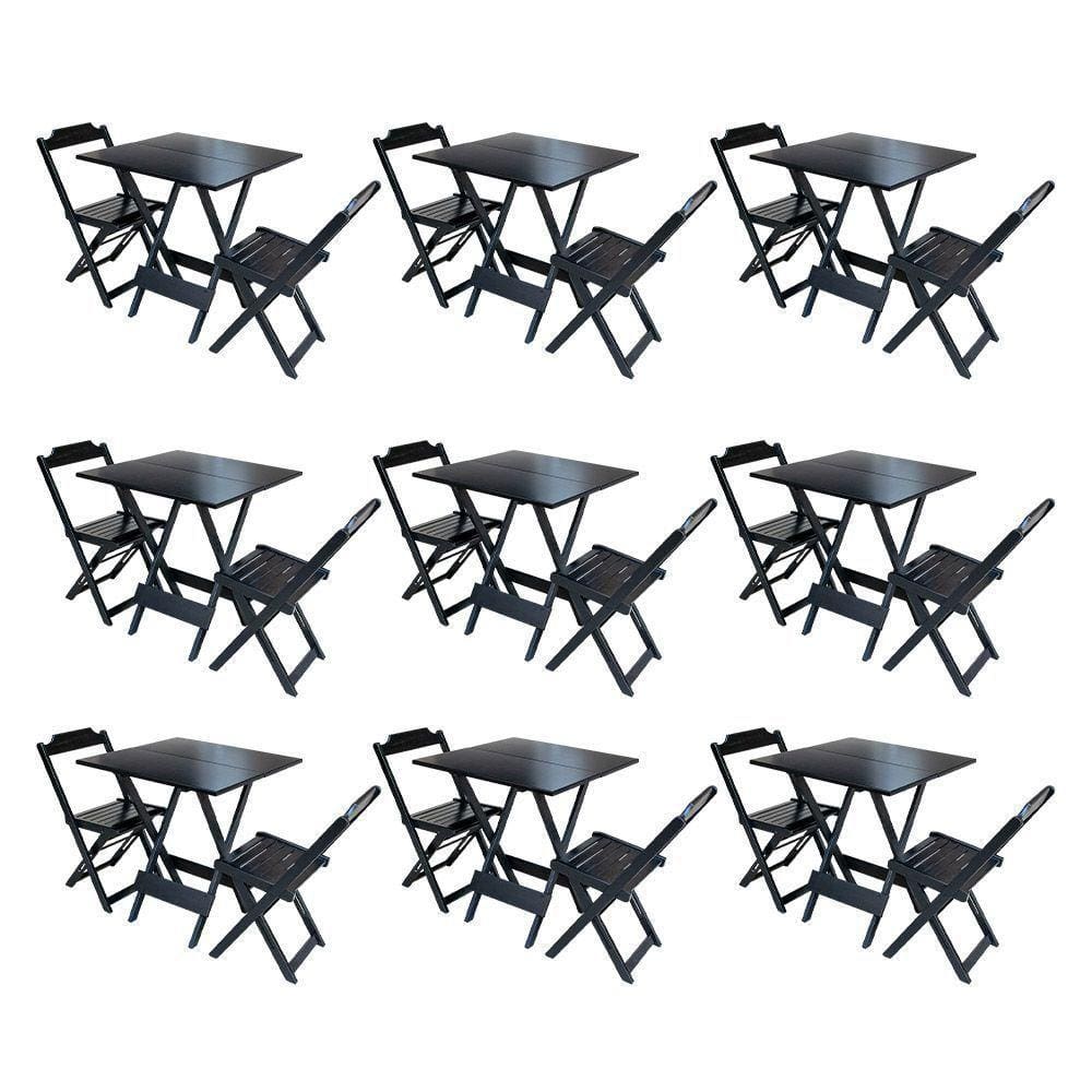 Kit 9 Conjuntos De Mesa Dobravel Com 2 Cadeiras De Madeira 70X70 Para Restaurante E Bar - Preto
