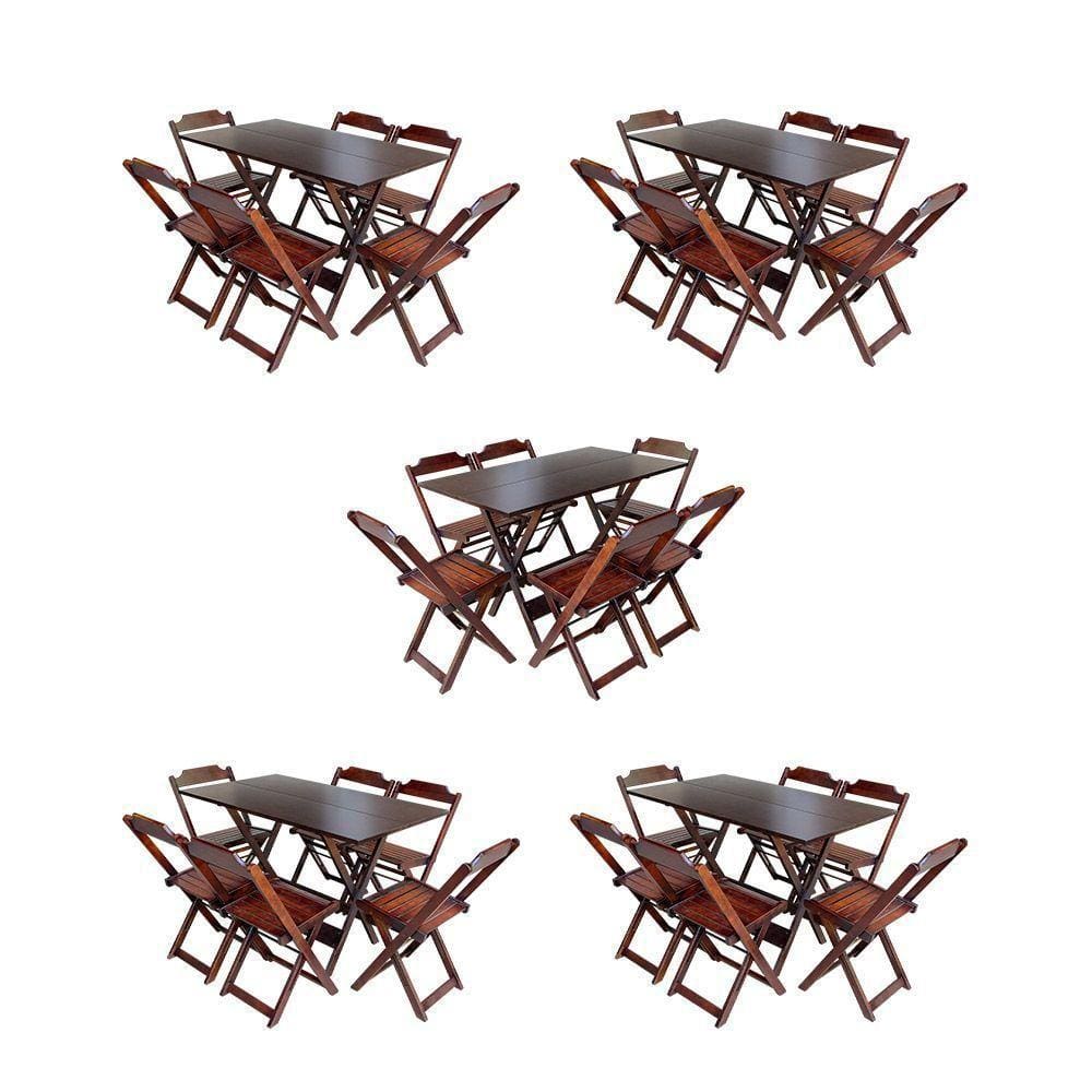 Kit 5 Jogos De Mesa Dobravel Com 6 Cadeiras De Madeira 120X70 Para Restaurante E Bar - Imbuia