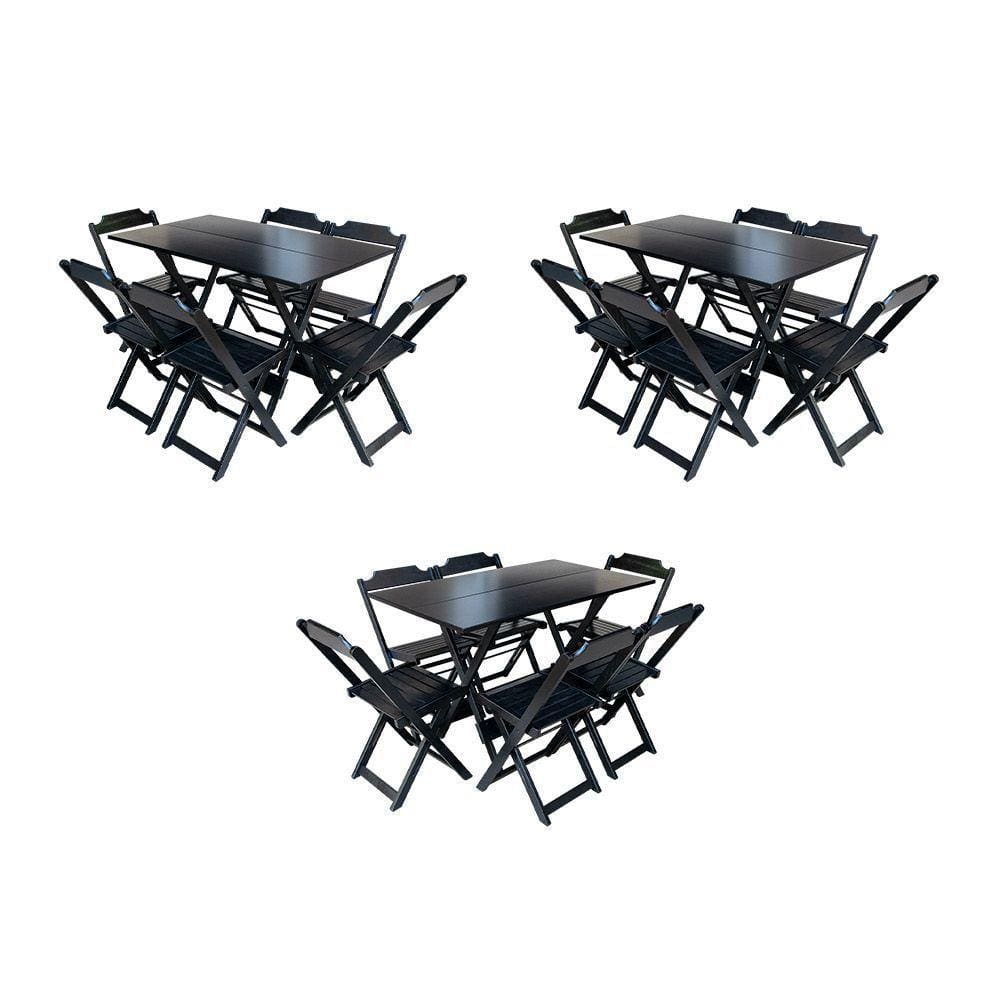 Kit 3 Conjuntos De Mesa Dobravel Com 6 Cadeiras De Madeira 120X70 Para Restaurante E Bar - Preto