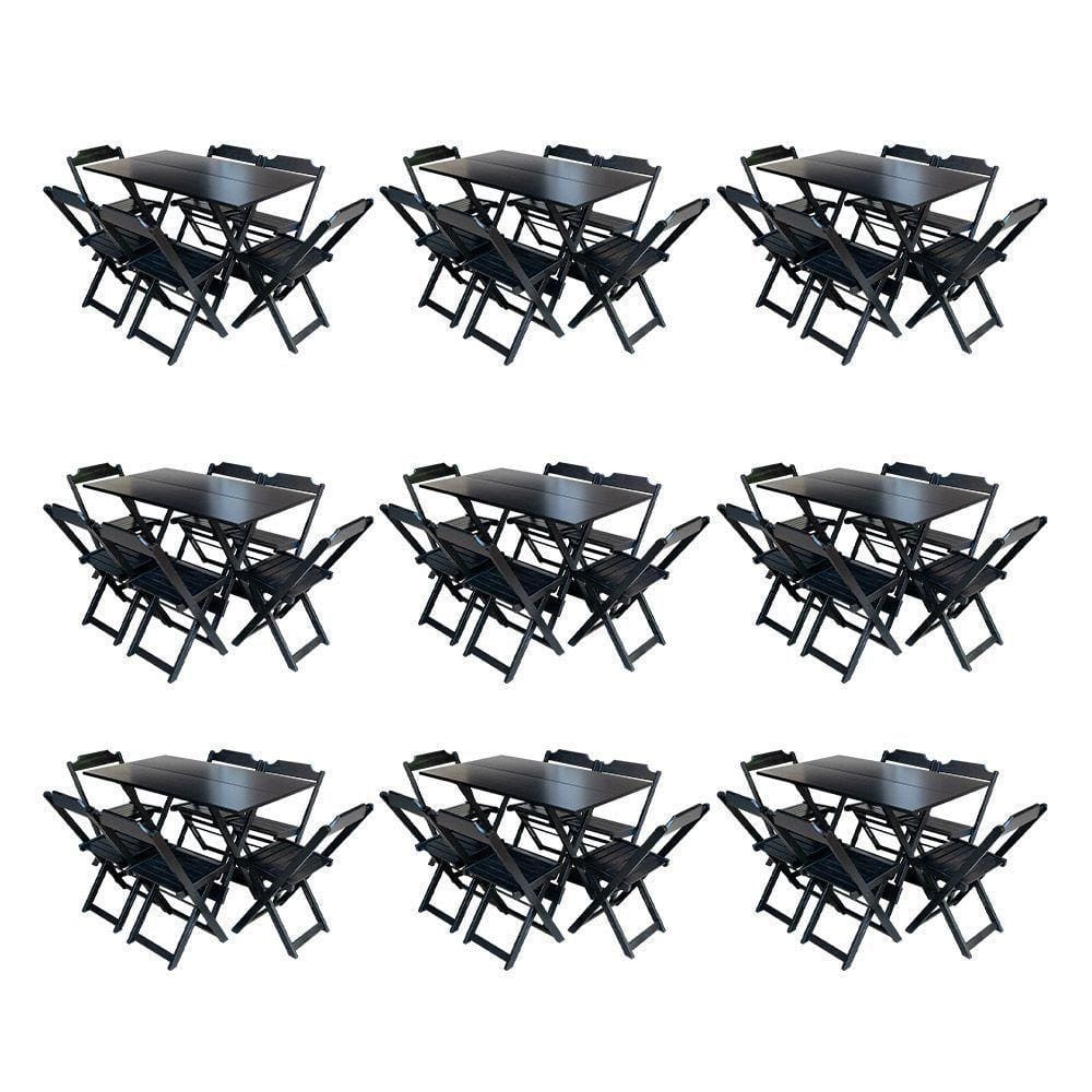 Kit 9 Conjuntos De Mesa Dobravel Com 6 Cadeiras De Madeira 120X70 Para Restaurante E Bar - Preto