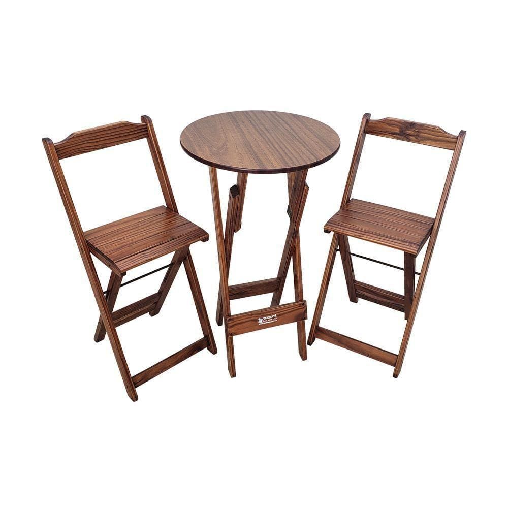 Mesa Bistrô Dobrável De Madeira Redonda Com 2 Banquetas Imbuia - Cor: Marrom