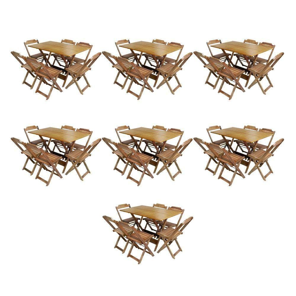 Kit 7 Jogos De Mesa Dobravel Com 6 Cadeiras De Madeira 120X70 Para Restaurante E Bar - Mel