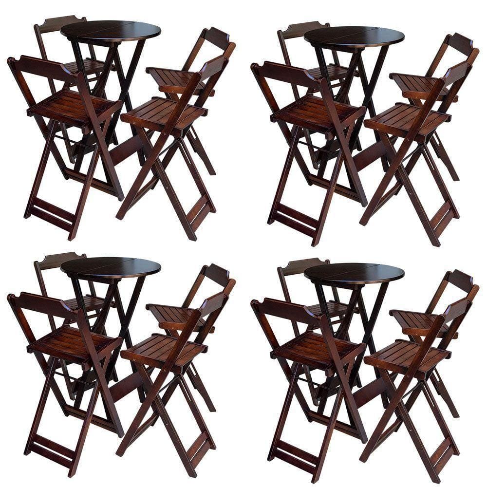 Kit 4 Jogos De Mesa Bistrô De Madeira Com 4 Cadeiras Dobravel Imbuia - Marrom