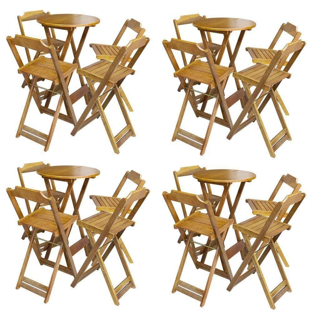Kit 4 Jogos De Mesa Bistrô De Madeira Com 4 Cadeiras Dobravel Mel - Amarelo