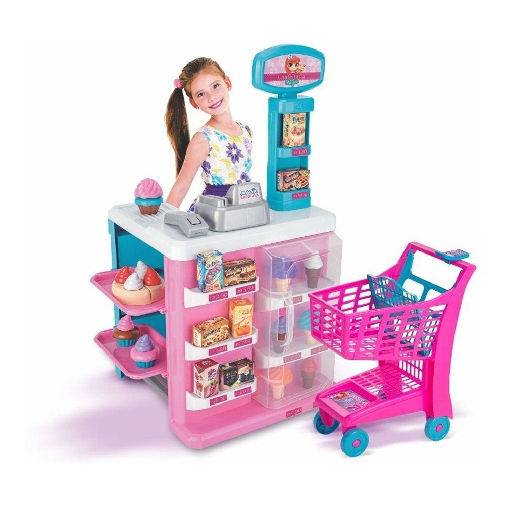 Confeitaria Infantil Mercadinho C/ Carrinho Som Luzes Rosa