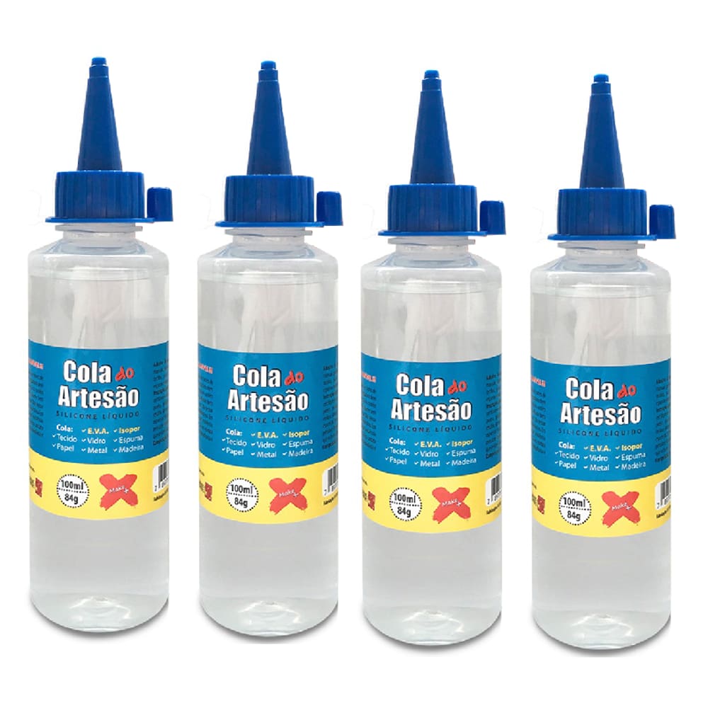 04 Cola de Silicone Líquida p/ Artesanato Eva Isopor Couro Papel Papelão Cetim 100ml