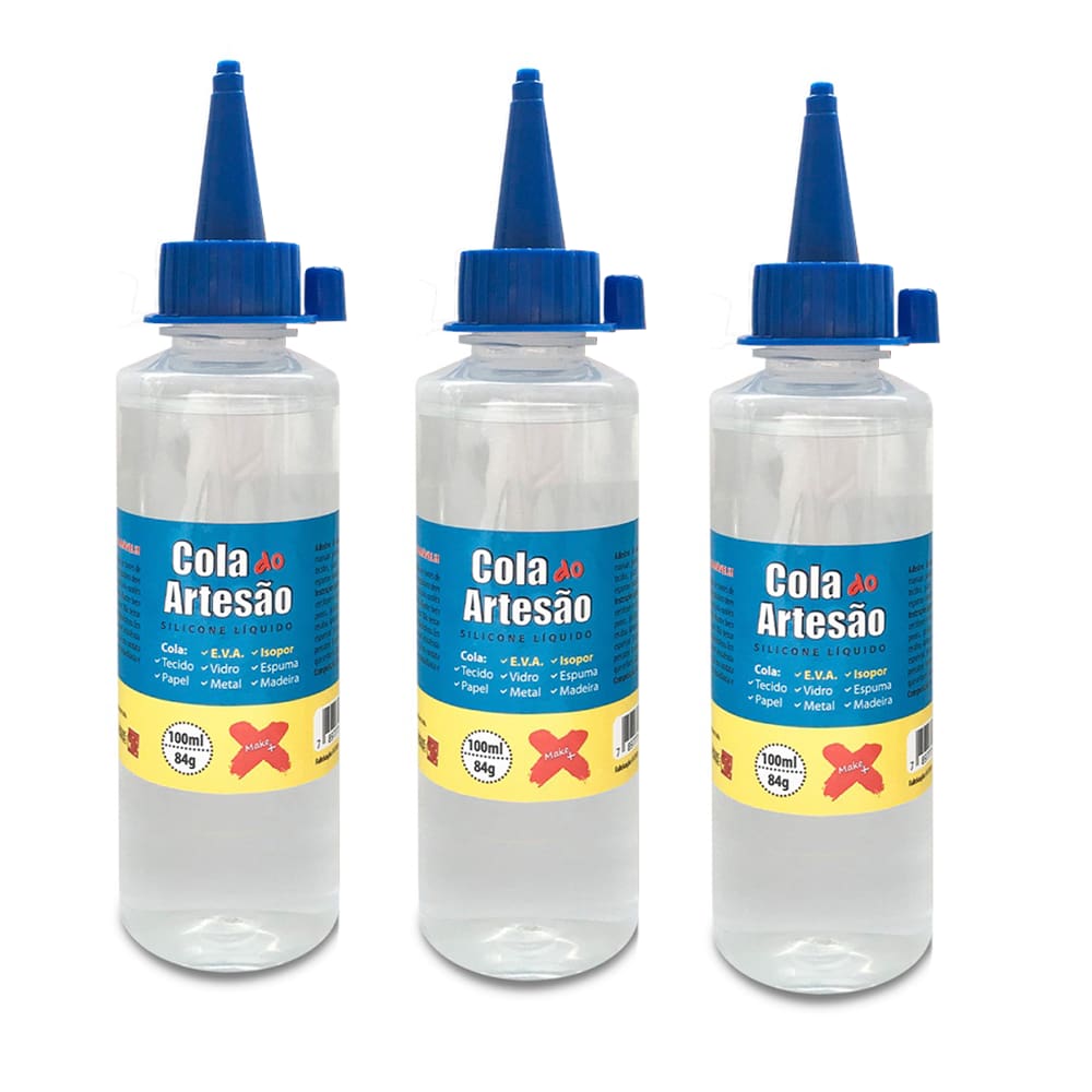 03 Cola de Silicone Líquida p/ Artesanato Eva Isopor Couro Papel Papelão Cetim 100ml