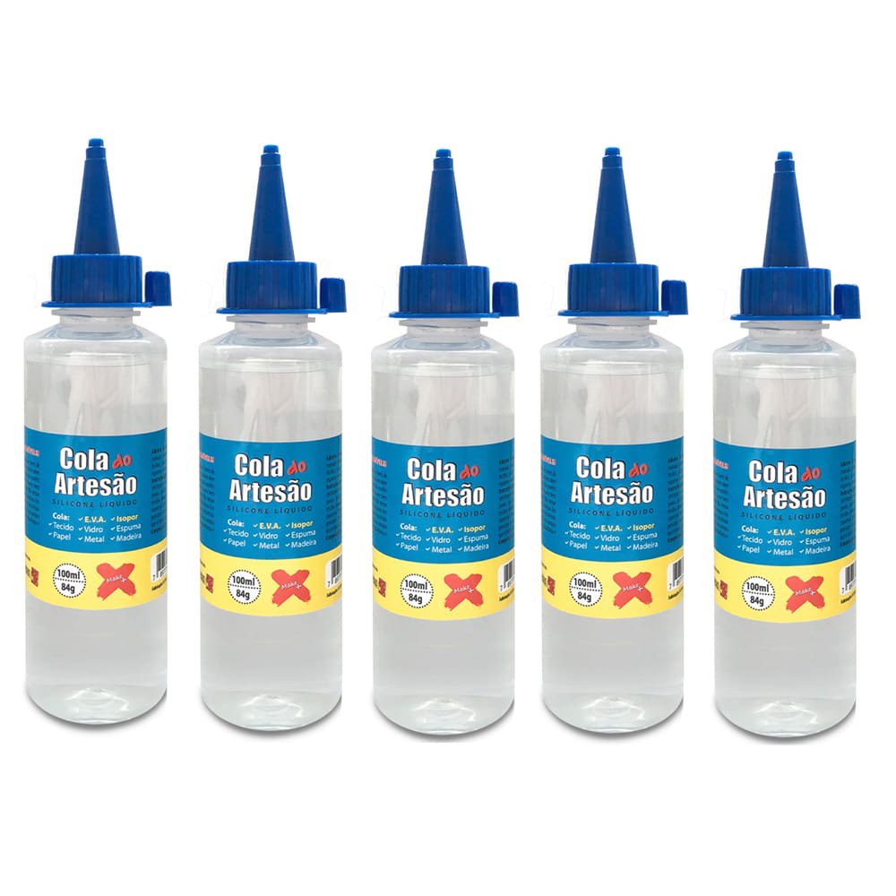 05 Cola de Silicone Líquida p/ Artesanato Eva Isopor Couro Papel Papelão Cetim 100ml