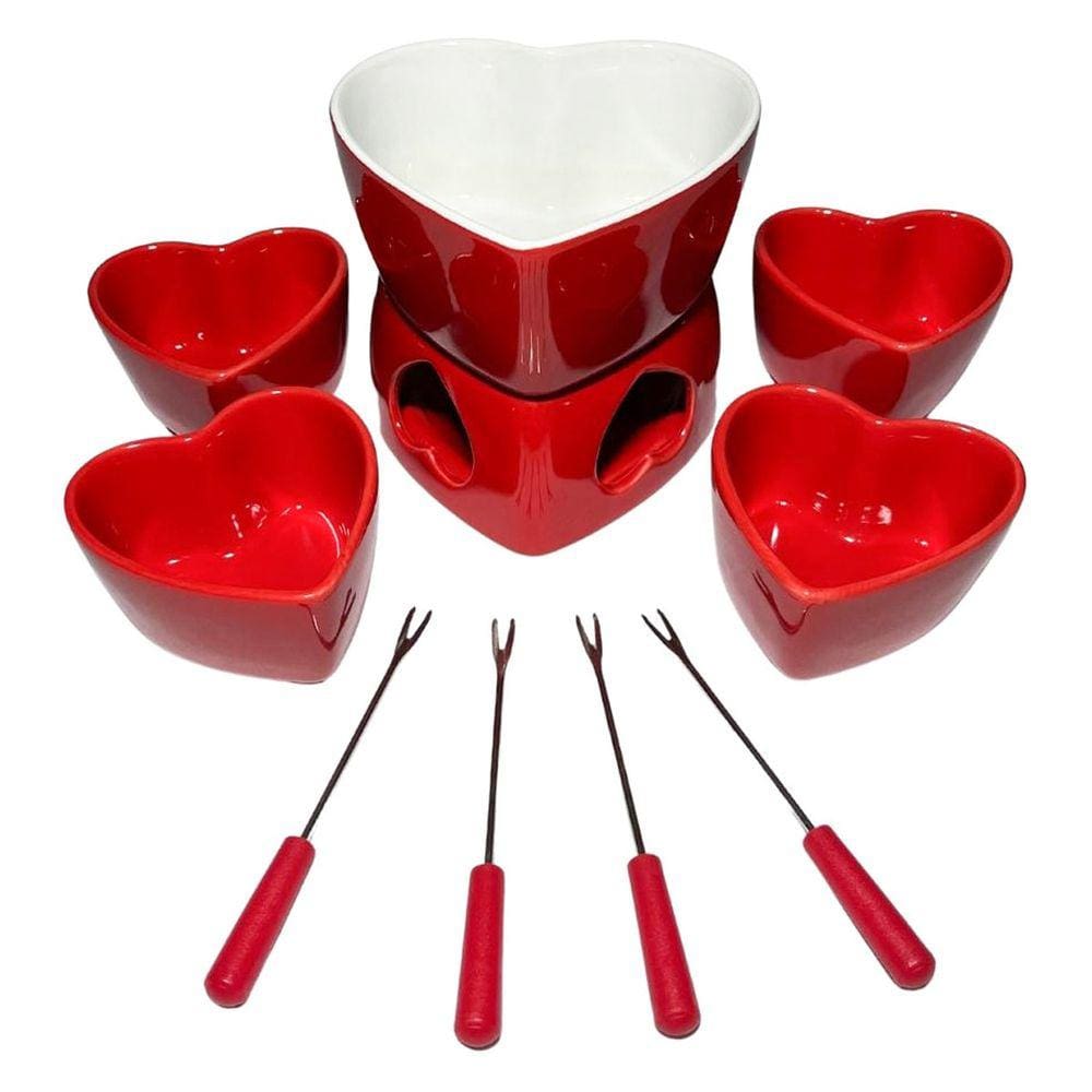 Conjunto Fondue Ceramica 10 Peças Coraçao Garfo Panela Chocolate Queijo Noite Fria Outono Inverno Cozinha