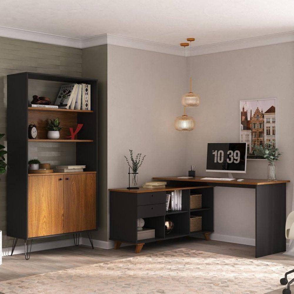 Conjunto Home Office 2 Peças Escrivaninha Gold com Estante Hit Artany Freijó/Preto