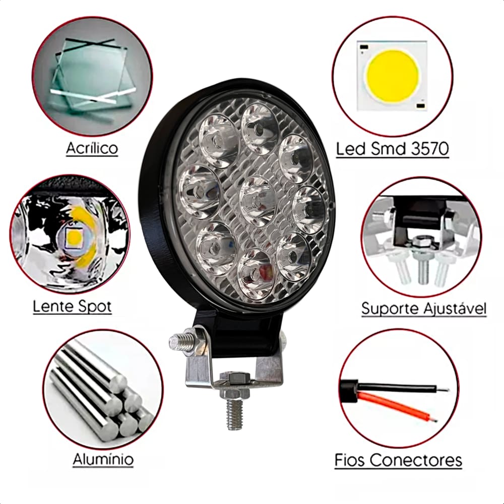 Farol de LED Auxiliar redondo 27W 9 Leds Troller Off-Road carro 4x4 LE-6710