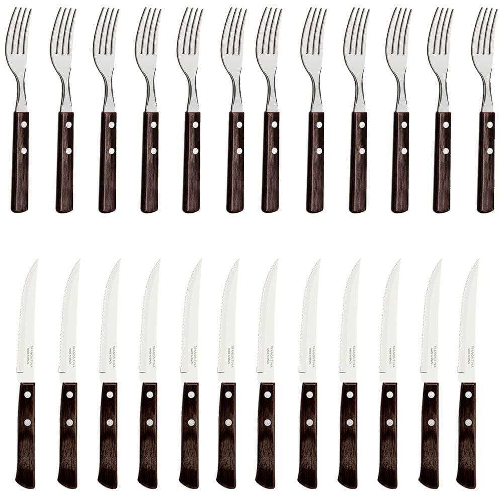 Kit Churrasco Faca e Garfo Polywood Castanho Aço Inox 24 Peças Tramontina