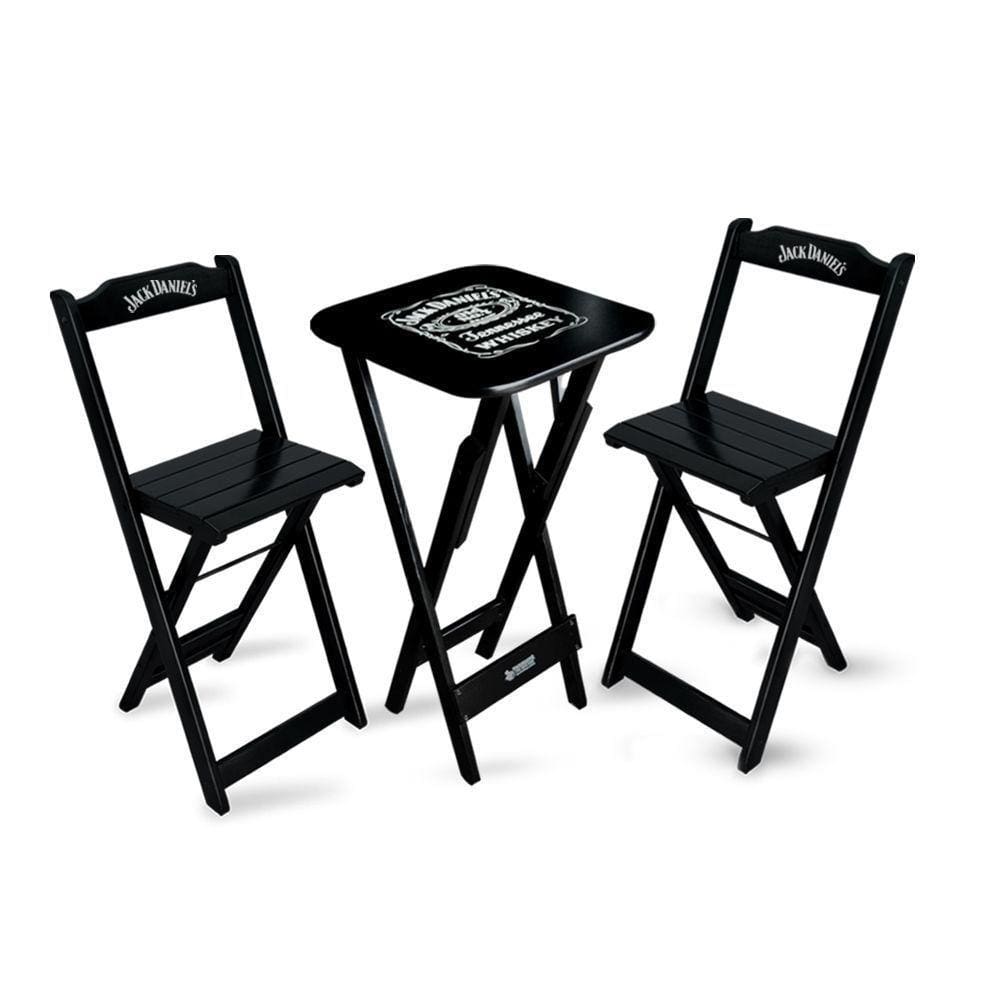 Mesa Bistrô Dobrável Jack Daniel`s Com 2 Banquetas De Madeira Para Bares E Restaurantes Preta