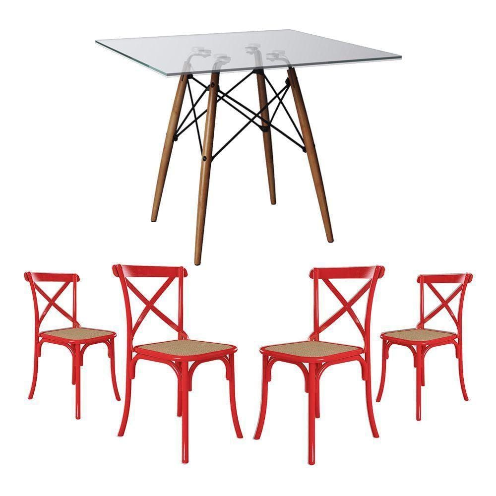 Conjunto De Mesa Eiffel Quadrado Tampo De Vidro 110Cm Com 4 Cadeiras Katrina Vermelha Assento Bege