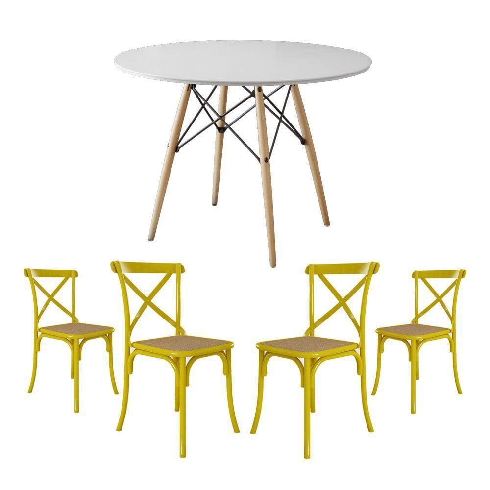 Conjunto De Mesa Eiffel Redondo Tampo De Madeira 110Cm Branco Com 4 Cadeiras Katrina Amarelao