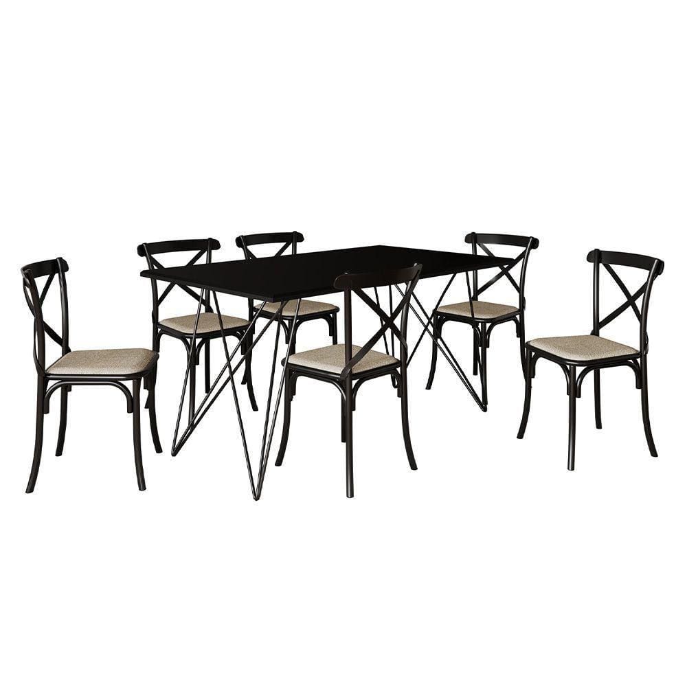 Conjunto Mesa De Jantar 6 Cadeiras Katrina Preto Trama Premium Preto 150 Cm - Cor: Preto