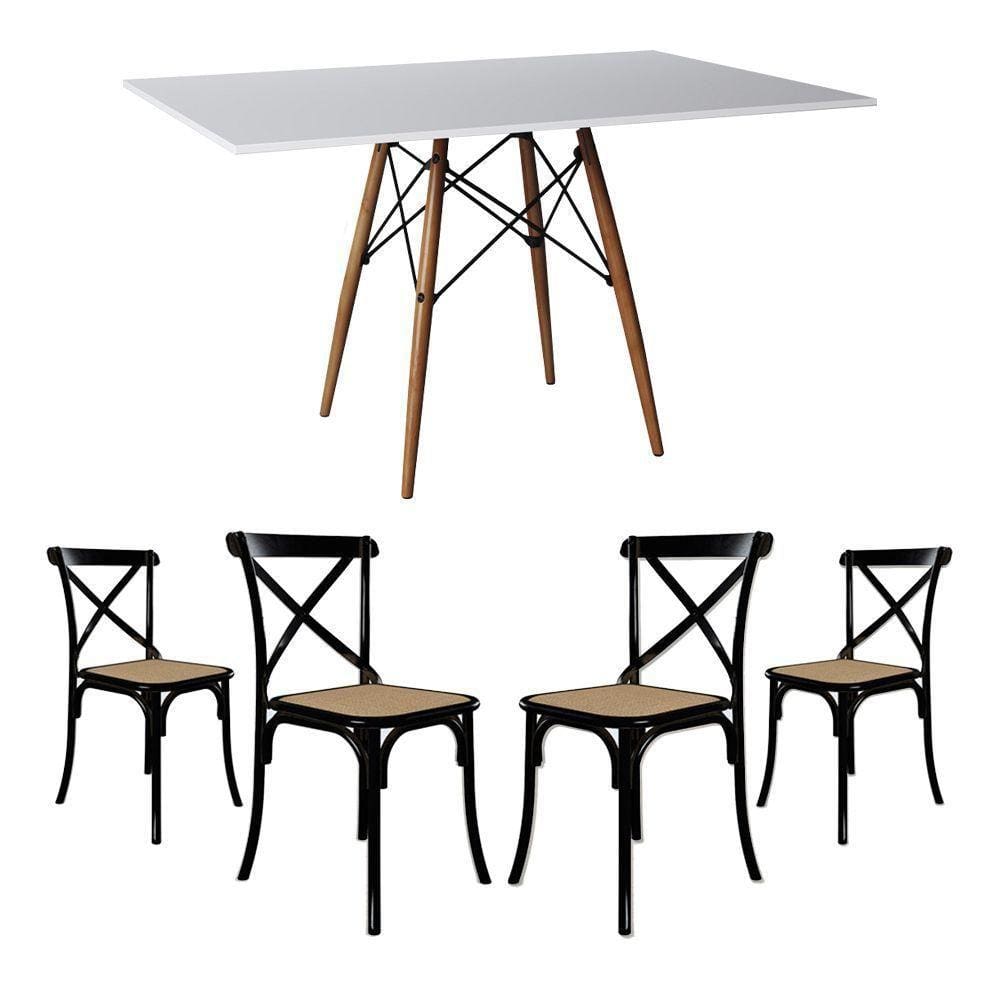 Conjunto De Mesa Eiffel Retangular Tampo De Madeira 120X75Cm Branco Com 4 Cadeiras Katrina Preto