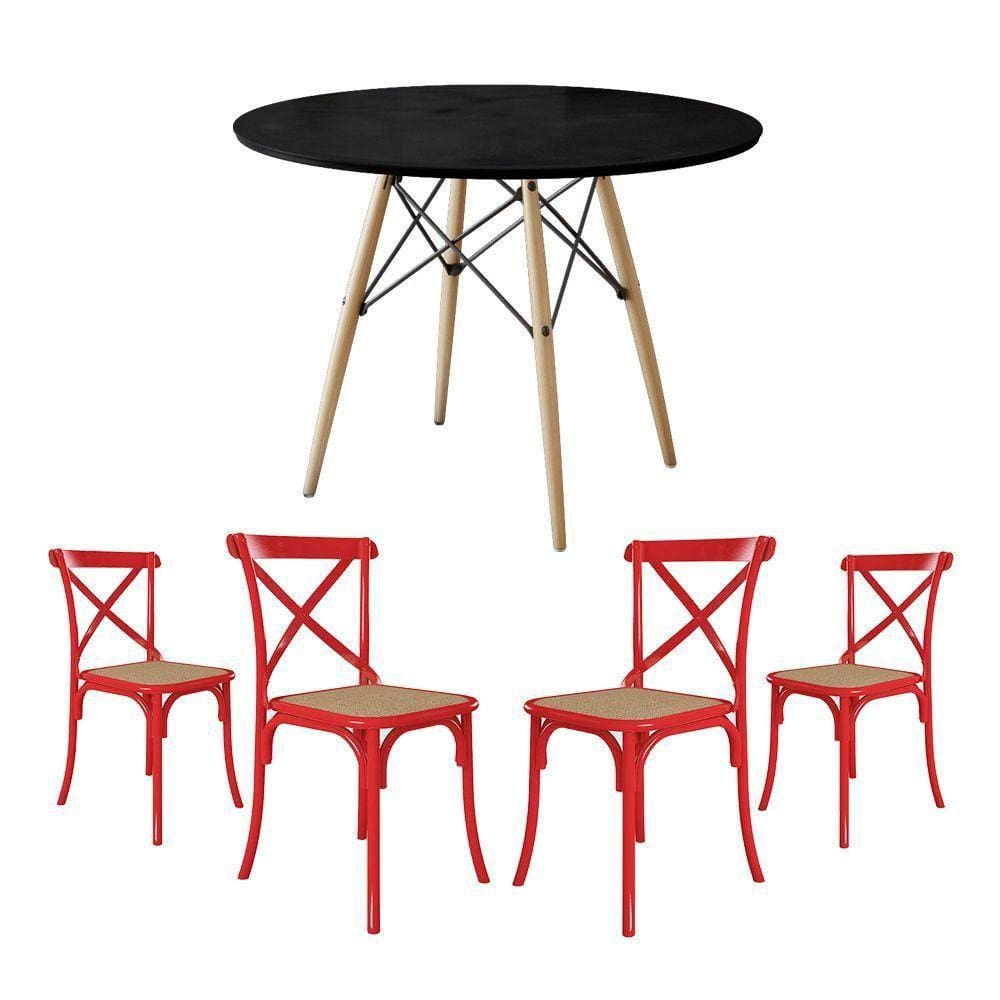 Conjunto De Mesa Eiffel Redondo Tampo De Madeira 90Cm Preto Com 4 Cadeiras Katrina Vermelha Assento