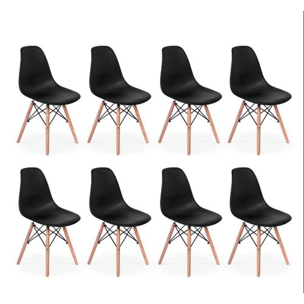 Kit 8 Cadeiras Eiffel Charles Eames Dkr Base Madeira Preta