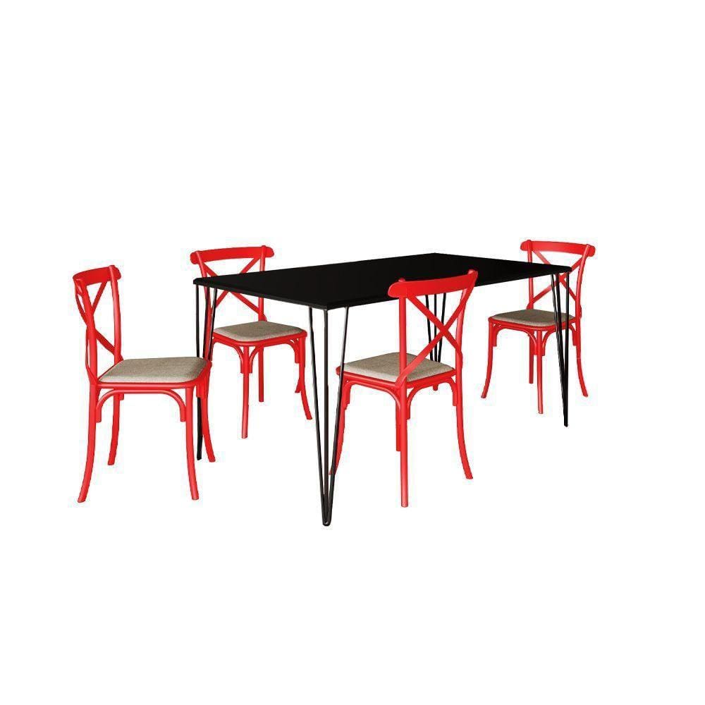 Conjunto De Mesa Elen Retangular Tampo De Madeira 140X80Cm Preto Com 4 Cadeiras Katrina Vermelha