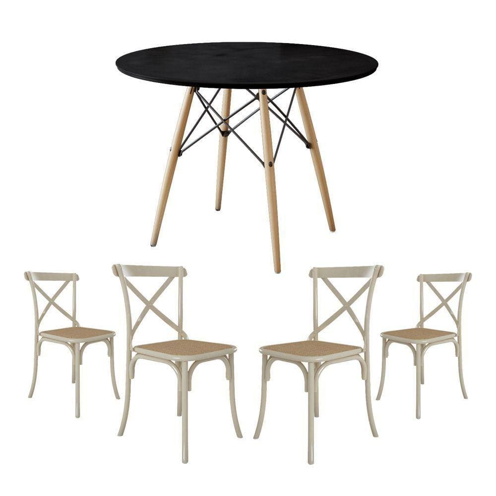 Conjunto De Mesa Eiffel Redondo Tampo De Madeira 90Cm Preto Com 4 Cadeiras Katrina Off Whiteo