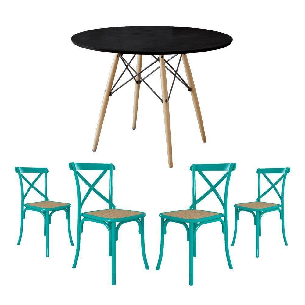Conjunto Mesa Eiffel Redondo De Madeira 110Cm Preto Com 4 Cadeiras Katrina Azul Turquesao Beg