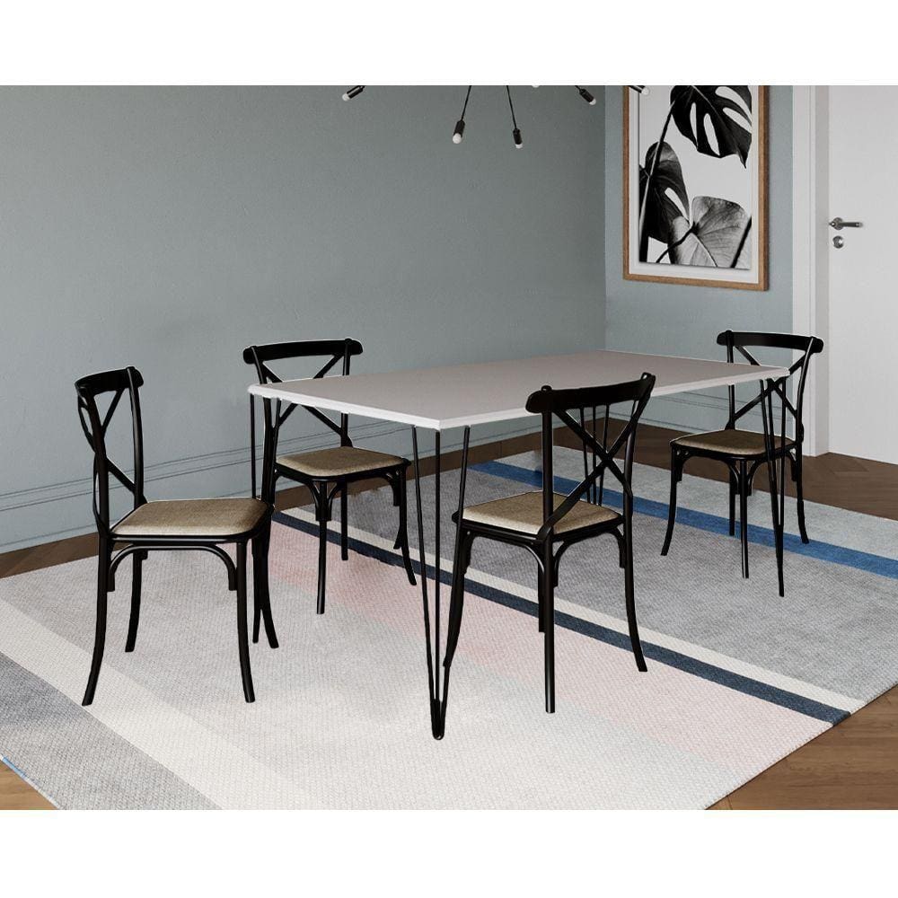 Jogo De Mesa Elen Retangular Tampo De Madeira 140X80Cm Branco Com 4 Cadeiras Katrina Pretoo B