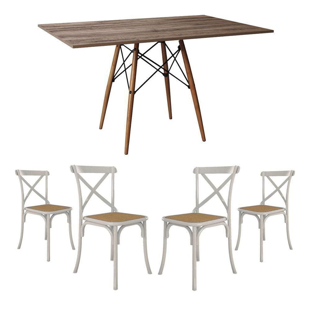 Jogo De Mesa Eiffel Retangular Tampo De Madeira 120X75Cm Amêndoa Com 4 Cadeiras Katrina Branca