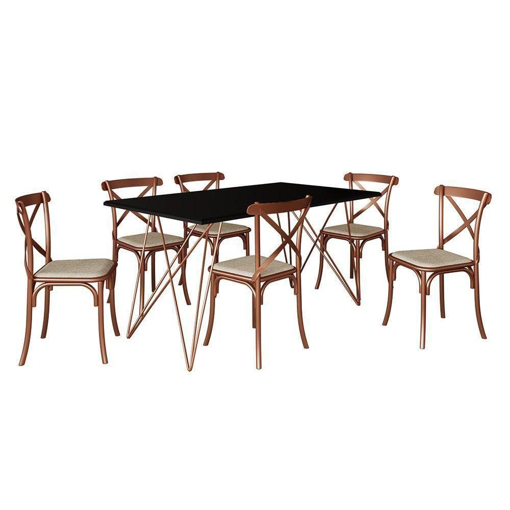 Conjunto Mesa De Jantar 6 Cadeiras Katrina Cobre Trama Premium Cobre E Preto 150 Cm - Cor: Marrom