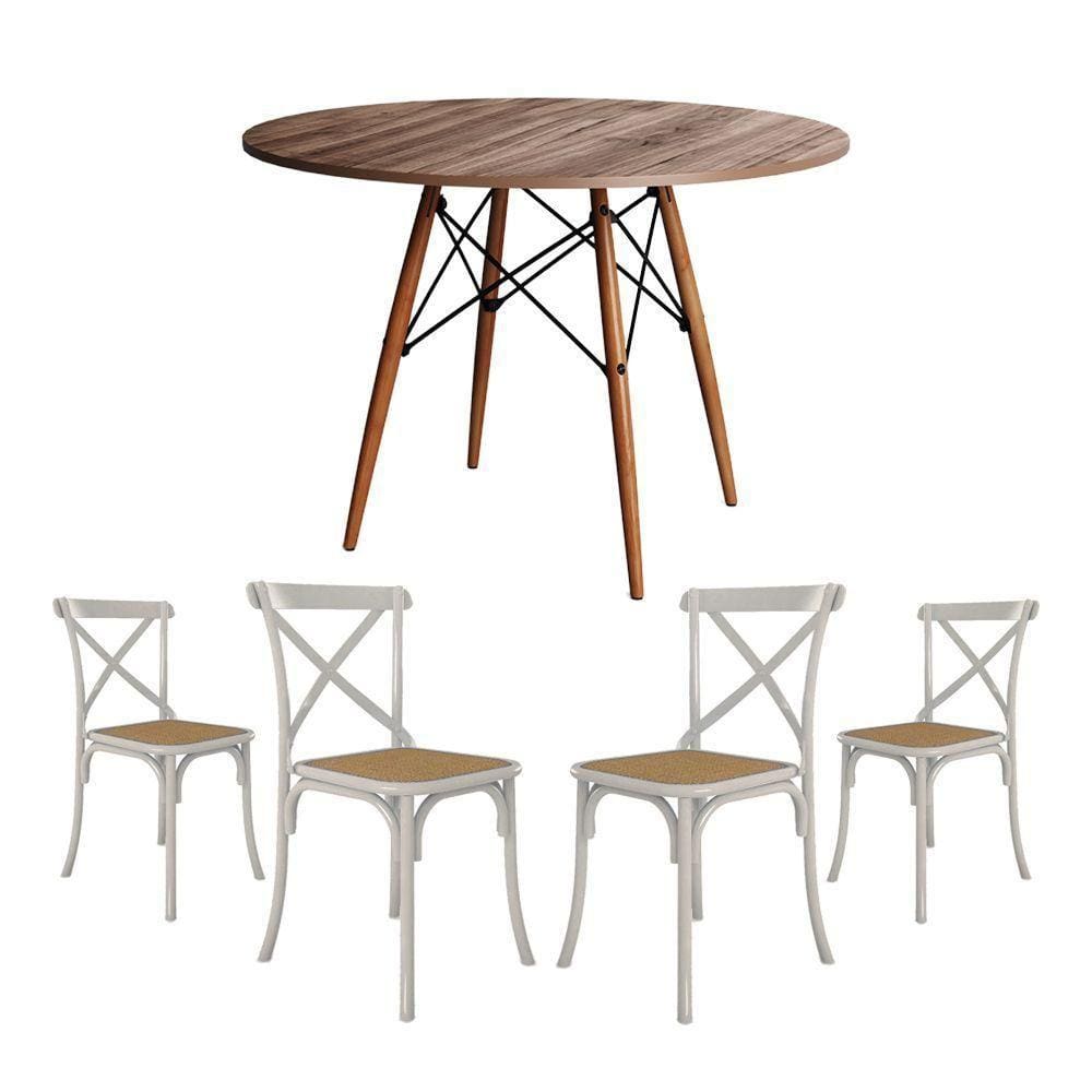 Conjunto De Mesa Eiffel Redondo Tampo De Madeira 90Cm Amêndoa Com 4 Cadeiras Katrina Branca Assento