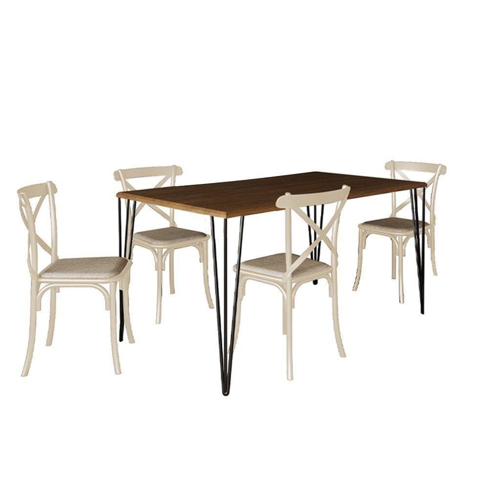 Conjunto De Mesa Elen Retangular Tampo De Madeira 140X80Cm Amêndoa Com 4 Cadeiras Katrina Off White
