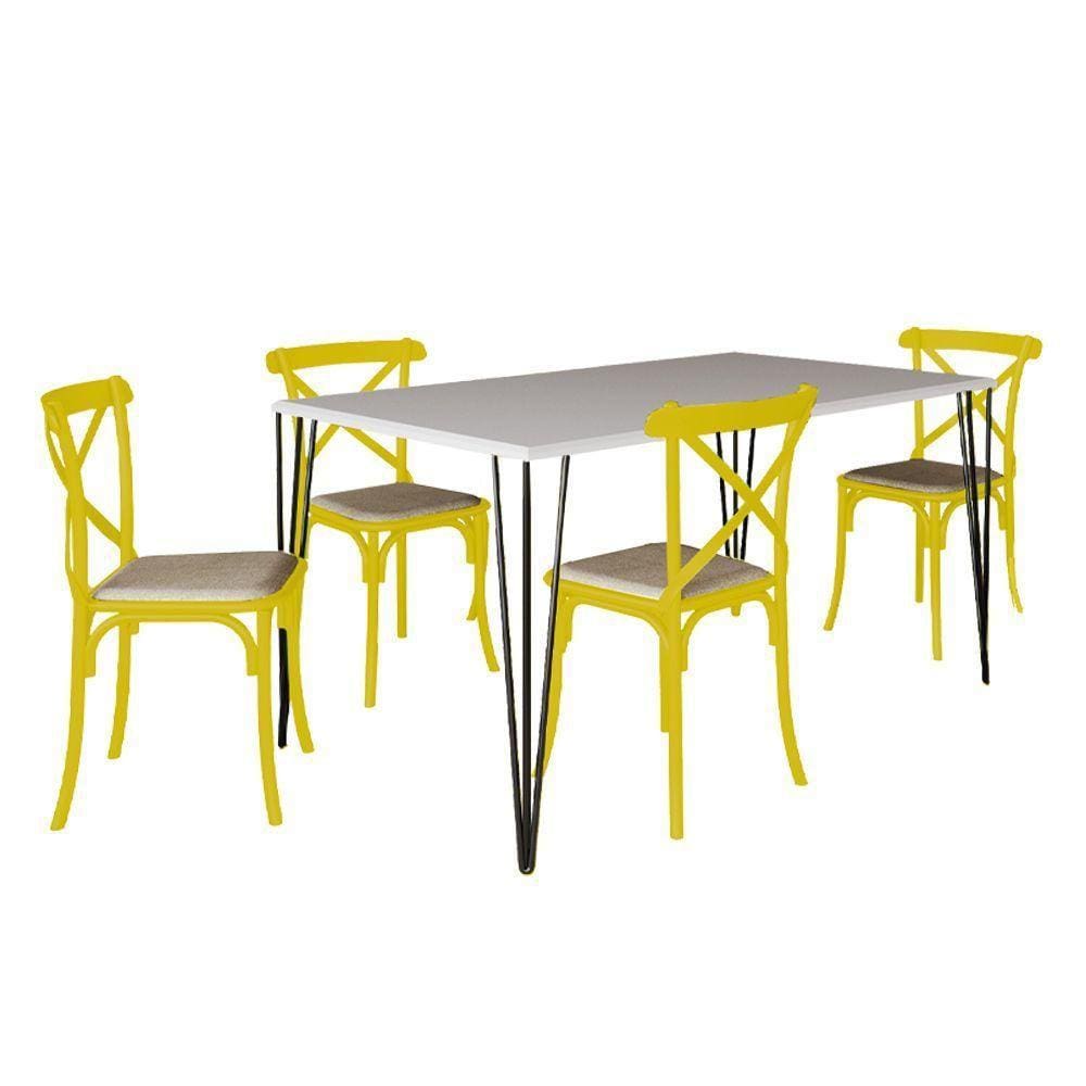 Conjunto De Mesa Elen Retangular Tampo De Madeira 140X80Cm Branco Com 4 Cadeiras Katrina Amarela