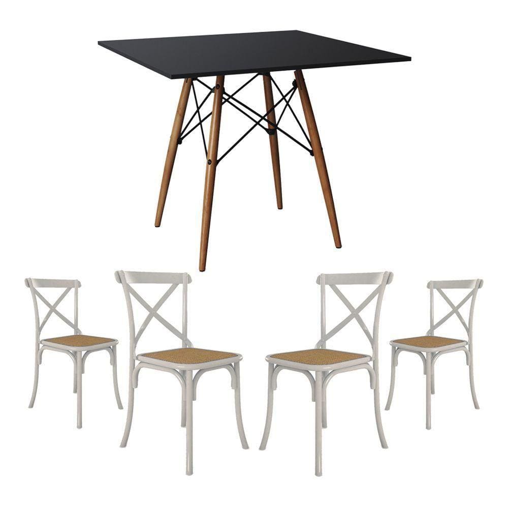 Conjunto De Mesa Eiffel Quadrado Tampo De Madeira 90Cm Preto Com 4 Cadeiras Katrina Brancao