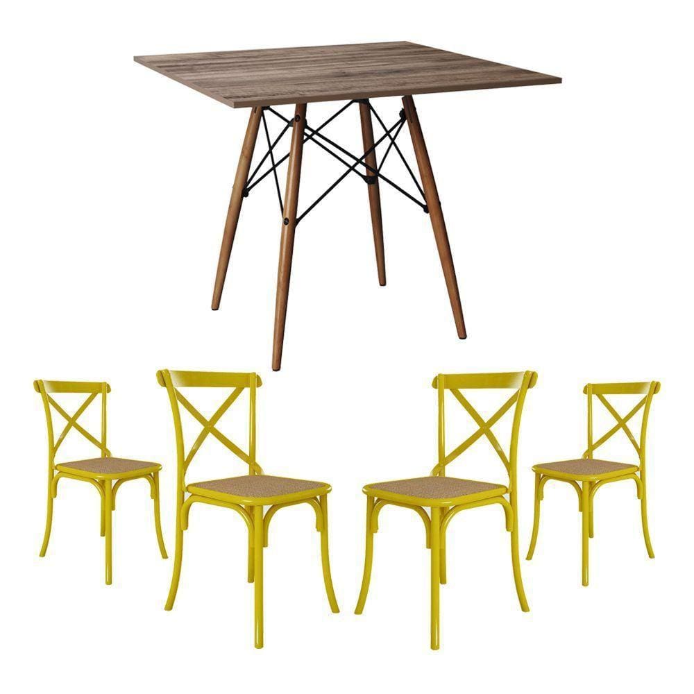 Conjunto De Mesa Eiffel Quadrado Tampo De Madeira 90Cm Amêndoa Com 4 Cadeiras Katrina Amarela