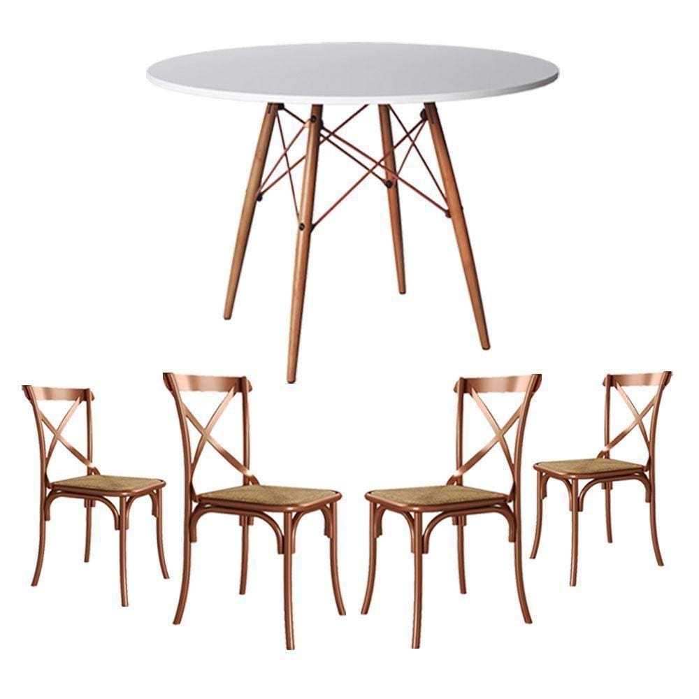 Jogo De Mesa Eiffel Redondo Tampo De Madeira 110Cm Branco Com 4 Cadeiras Katrina Cobre - Cor: Branco