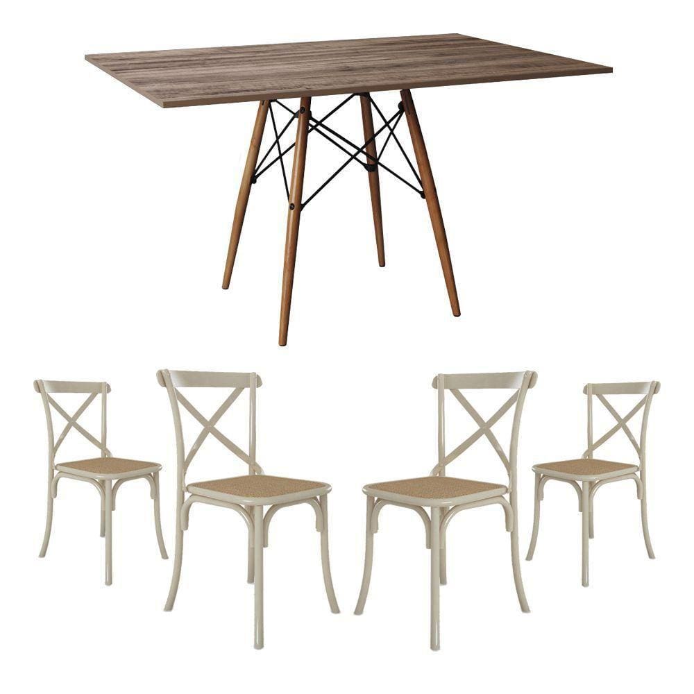 Conjunto De Mesa Eiffel Retangular Tampo De Madeira 120X75Cm Amêndoa Com 4 Cadeiras Katrina Off Whit