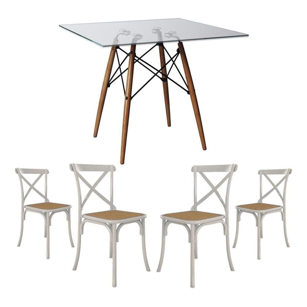 Jogo De Mesa Eiffel Quadrado Tampo De Vidro 110Cm Com 4 Cadeiras Katrina Branca Assento Bege
