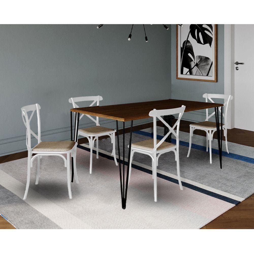 Jogo De Mesa Elen Retangular Tampo De Madeira 140X80Cm Amêndoa Com 4 Cadeiras Katrina Brancao